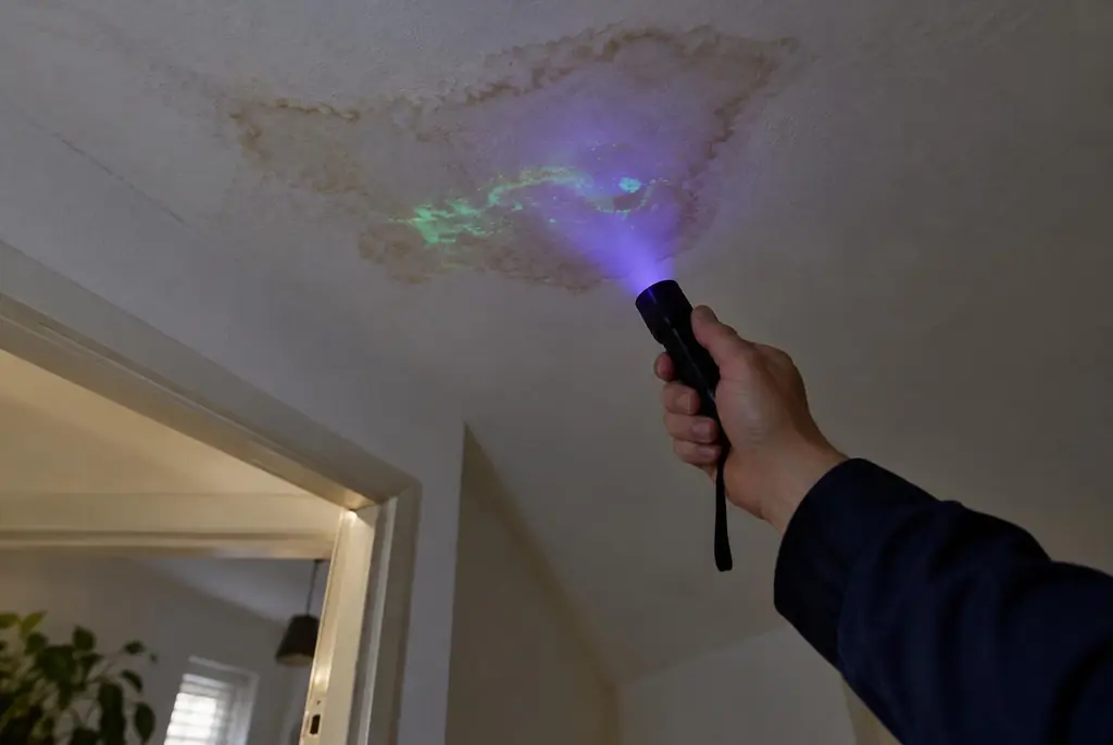 Lekdetectie Voorburg – kleurstof controleren op het plafond met uv-licht