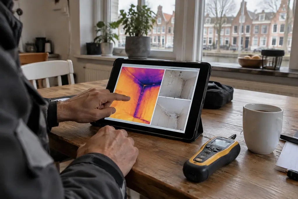 Lekdetectie Voorburg – lekdetectierapport met warmtebeelden en foto's op een tablet