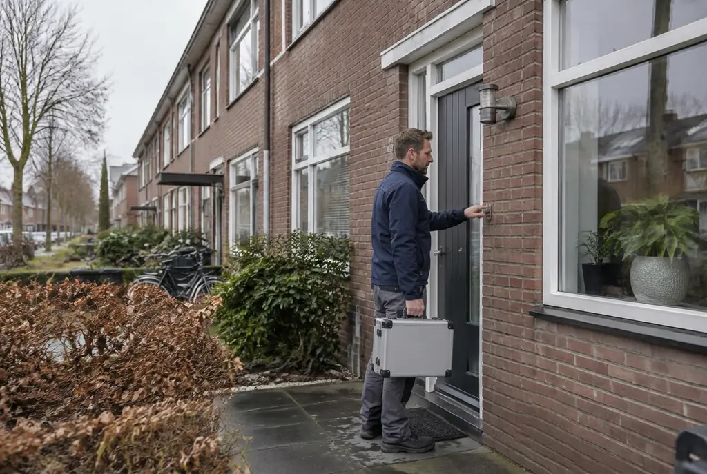 Lekdetectiespecialist met meetkoffer bij de voordeur van een woning in Voorburg