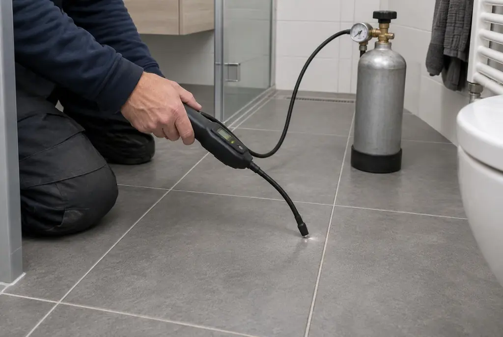 Lekdetectie Voorburg – technicus spoort met tracergas een lekkage op in de vloer